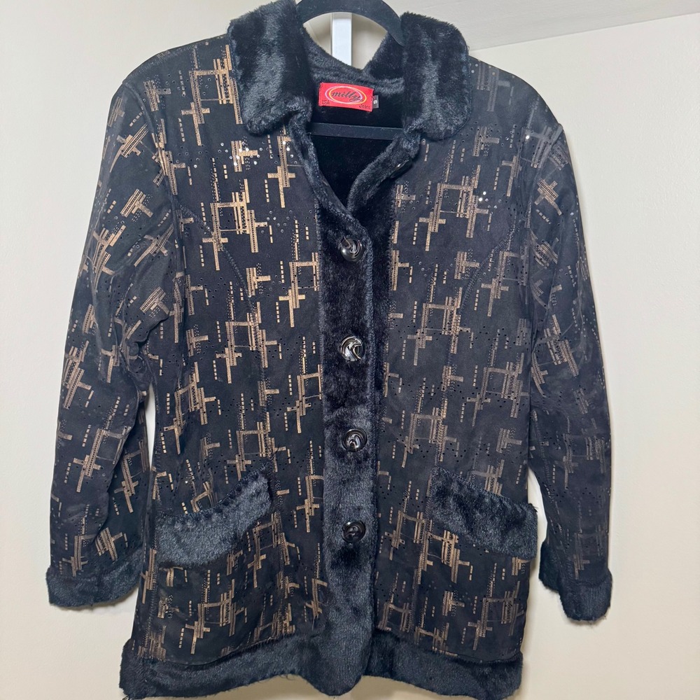Milly Jeans‎ Black Bronze Laser Cut Faux Suede Fur Trim Jacket Womens Small